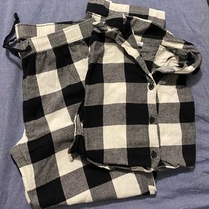 Plaid black and white long sleeve button up and pant pajama set.